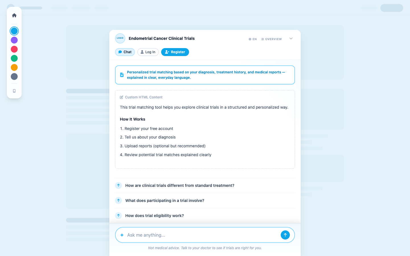 HealthImpact.AI chat screen matching a patient to a clinical trial