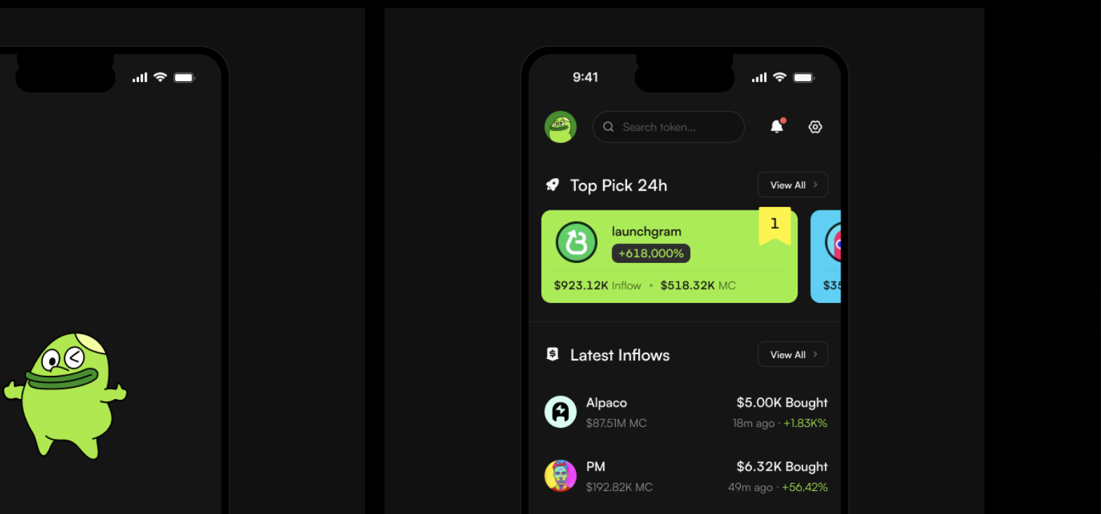 memePire mobile app design showing top-pick tokens and trading feed