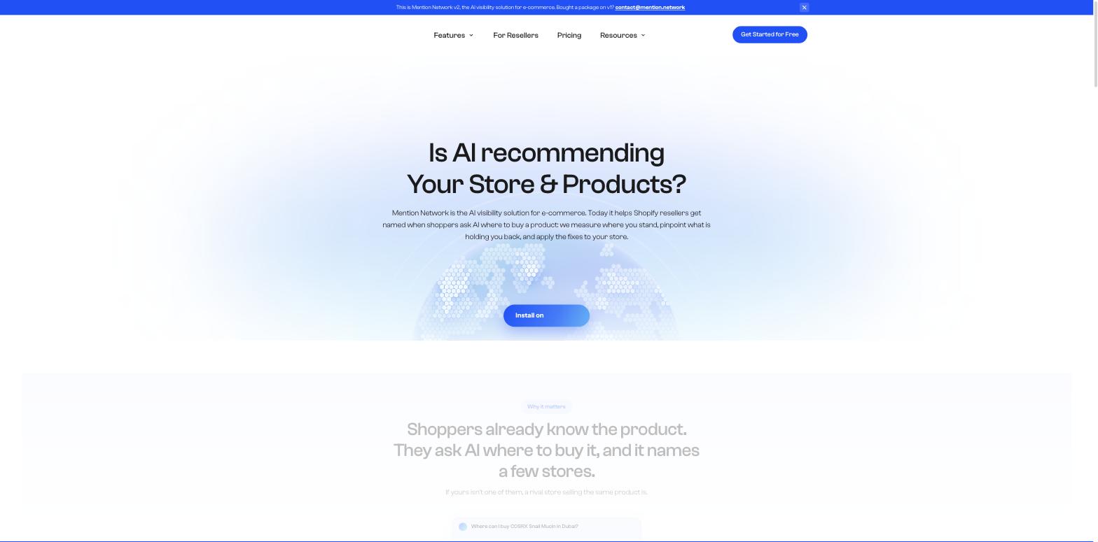Mention Network landing page asking if AI recommends your store